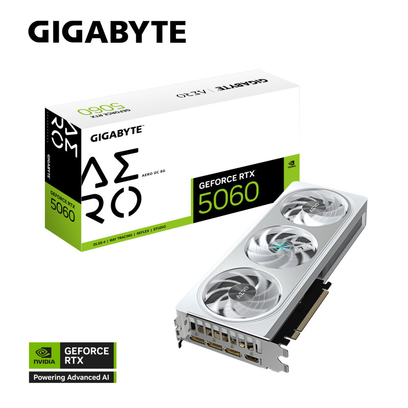 GeForce RTX 5060 AERO OC 8G Powered by GeForce RTX 5060 Integrated with 8GB GDDR7 128bit memory interface WINDFORCE cooling syst