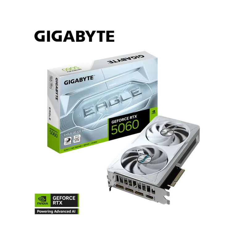 GeForce RTX 5060 EAGLE OC ICE 8G Powered by GeForce RTX 5060 Integrated with 8GB GDDR7 128bit memory interface WINDFORCE cooling