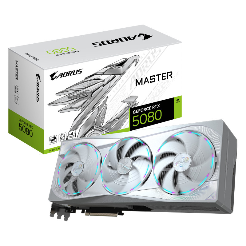 AORUS GeForce RTX 5080 MASTER ICE 16G Integrated with 16GB GDDR7 256bit memory interface WINDFORCE cooling system Core Clock 280