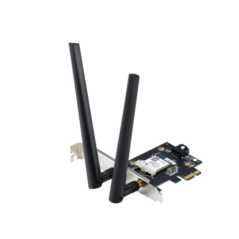 ASUS WiFi 7 PCI-E Adapter with 2 external antennas. Supporting 6GHz band, 4096-QAM, Bluetooth 5.4, WPA3 network security, NO RET