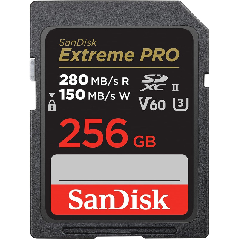 SanDisk Extreme Pro SDXC, SDSDXEP 256GB, V60, U3, C10, UHS-II, 280MB/s R, 150MB/s W, 4x6, Lifetime Limited