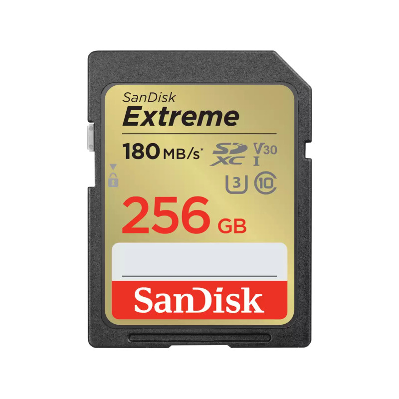 SanDisk Extreme SDXC, SDXVV 256GB, V30, U3, C10, UHS-I, 180MB/s R, 130MB/s W, 4x6, Lifetime Limited