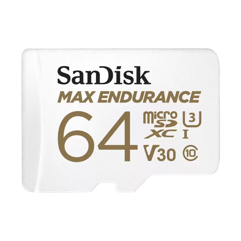 SanDisk Max Endurance 64GB microSD 100MB/s 40MB/s 20K hrs 4K UHD C10 U3 V30 -40Â°C to 85Â°C Heat Freeze Shock Temperature Wa