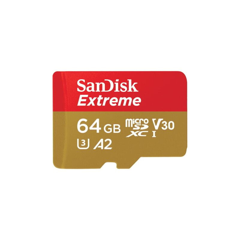 SanDisk Extreme microSDXC, SQXAH 64GB, V30, U3, C10, A2, UHS-I, 170MB/s R, 80MB/s W, 4x6, SD adaptor, Lifetime Limited, Action C